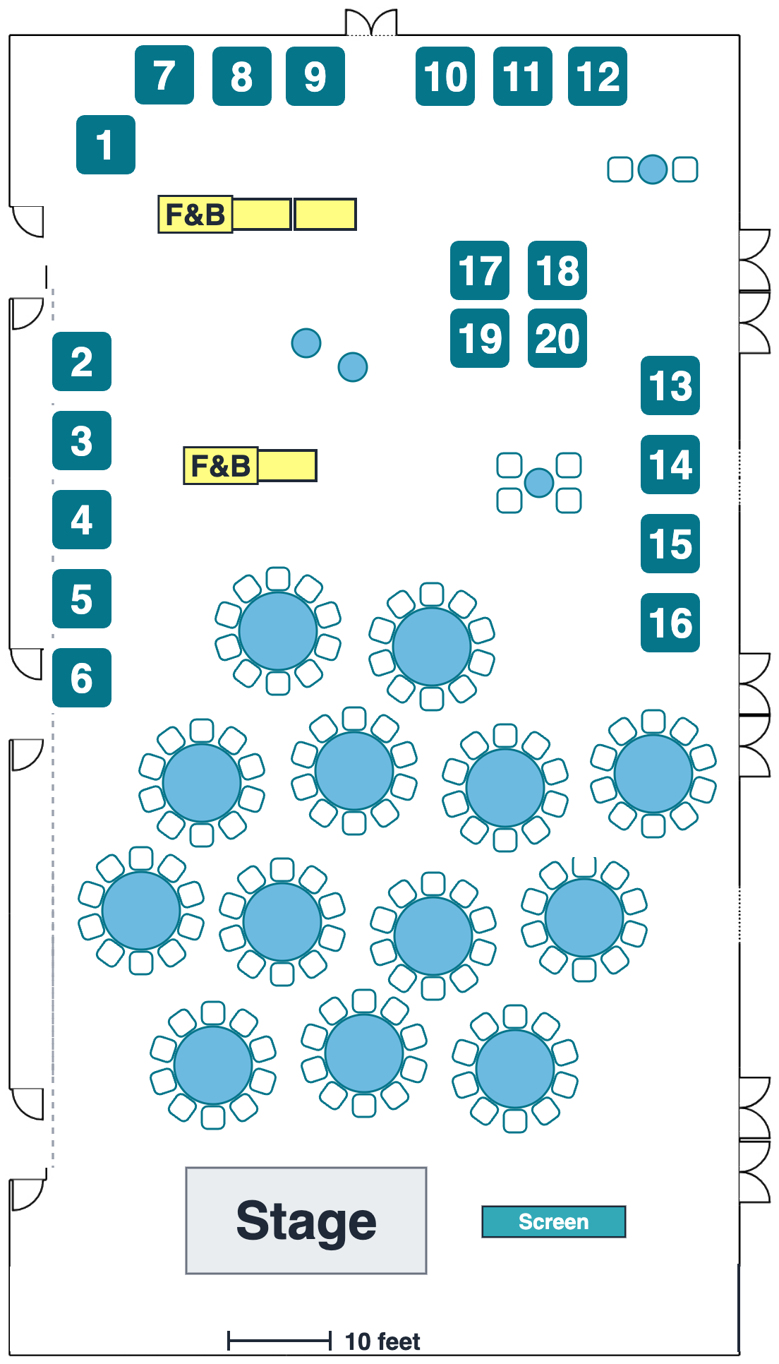 Fall 2027 Margaritaville Lake Resort floor plan with 20 numbered sponsor tables