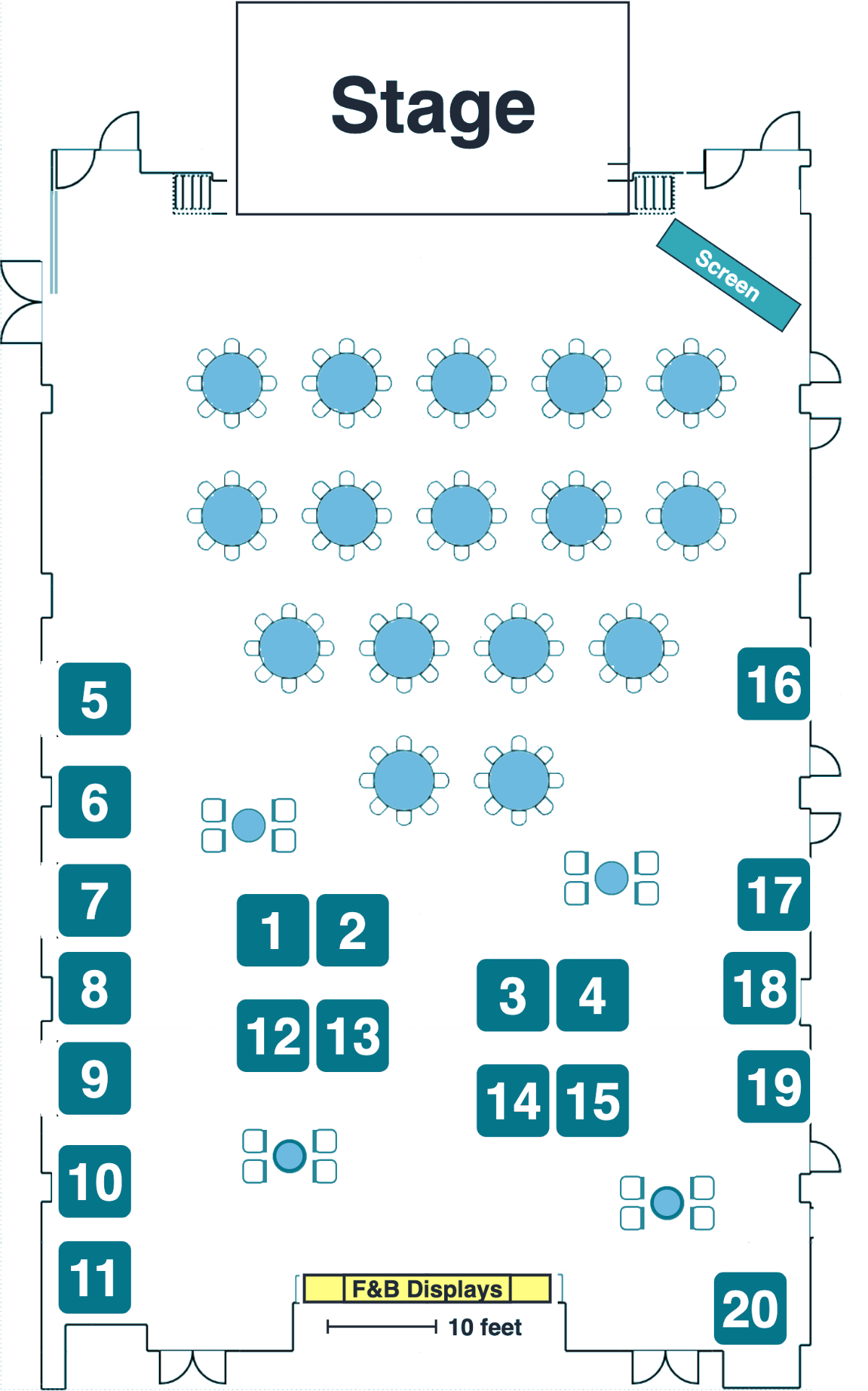 Rise 2027 Edinburgh Ballroom floor plan with 20 numbered sponsor tables