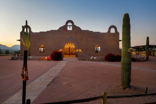 The conference venue at dusk